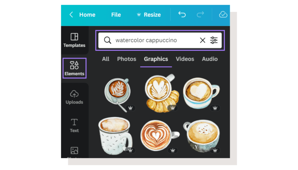 Example of a Canva Keyword Search for the keyword watercolor cappuccino