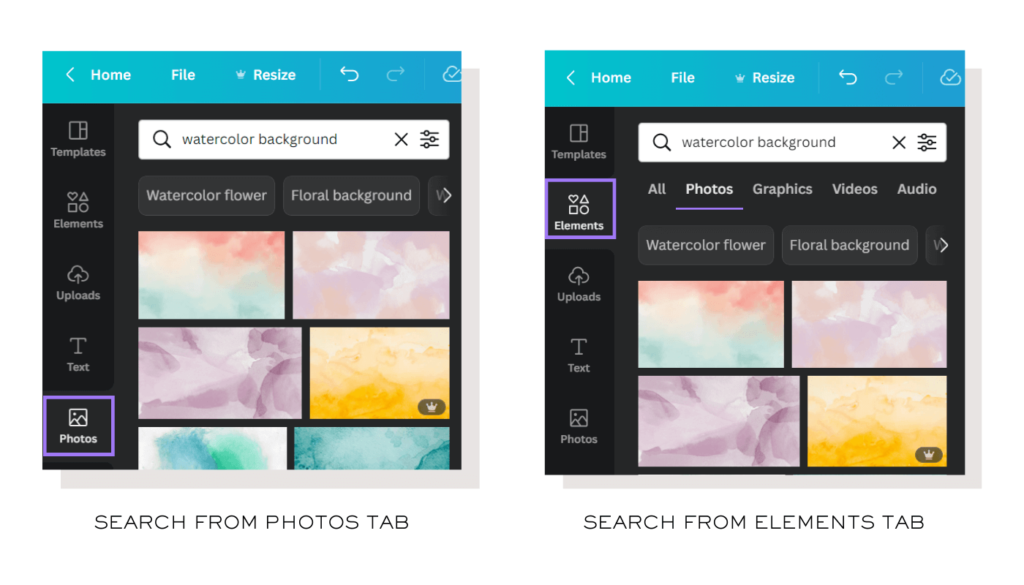 Two ways to search for background elements in Canva