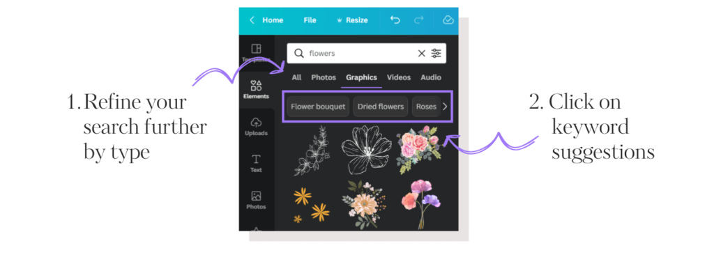 Refine Canva element searches by element type and keyword suggestions