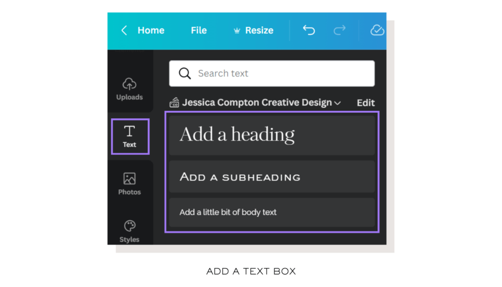 Screenshot of how to add a text box to a design in the Canva app
