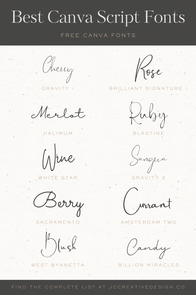 Pin listing 10 of the best free signature fonts on Canva