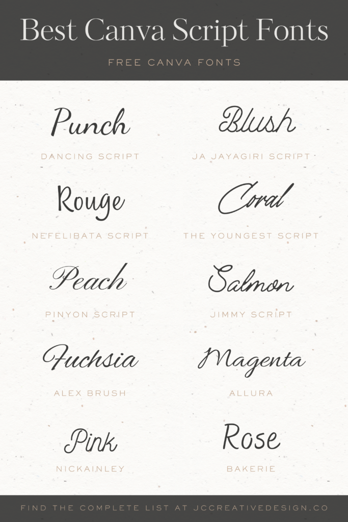 Pin listing 10 of the best free script fonts on Canva
